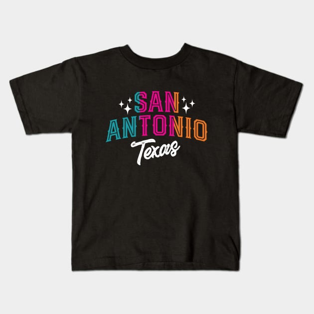 San Antonio Texas Retro Colors Kids T-Shirt by TheCraftyDrunkCo
